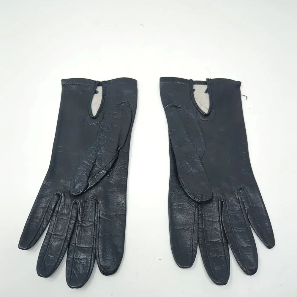 Vintage Antique Black Leather Gloves Wrist Rosettes